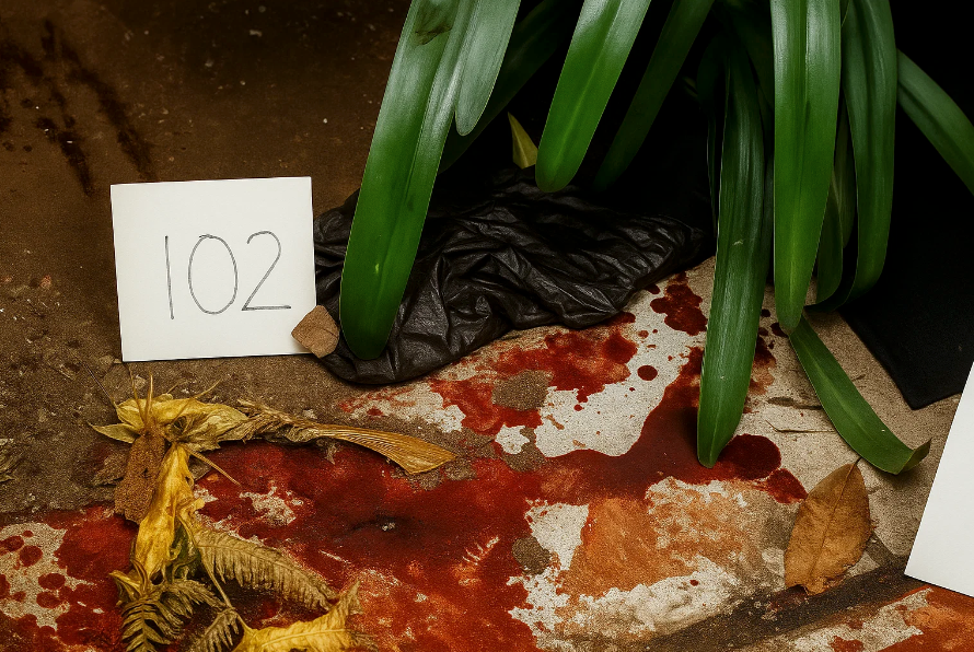 Visual reconstruction of a dark glove and blood beside evidence marker 102
