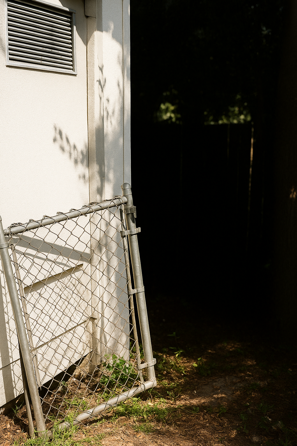 A dark gate beside a house