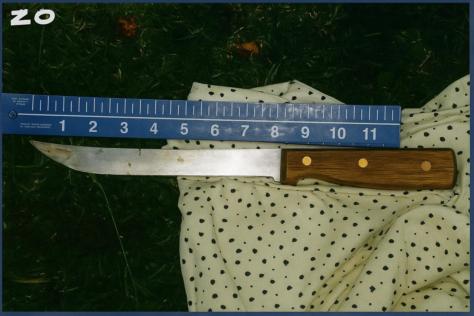 A knife photographed beside an evidence ruler