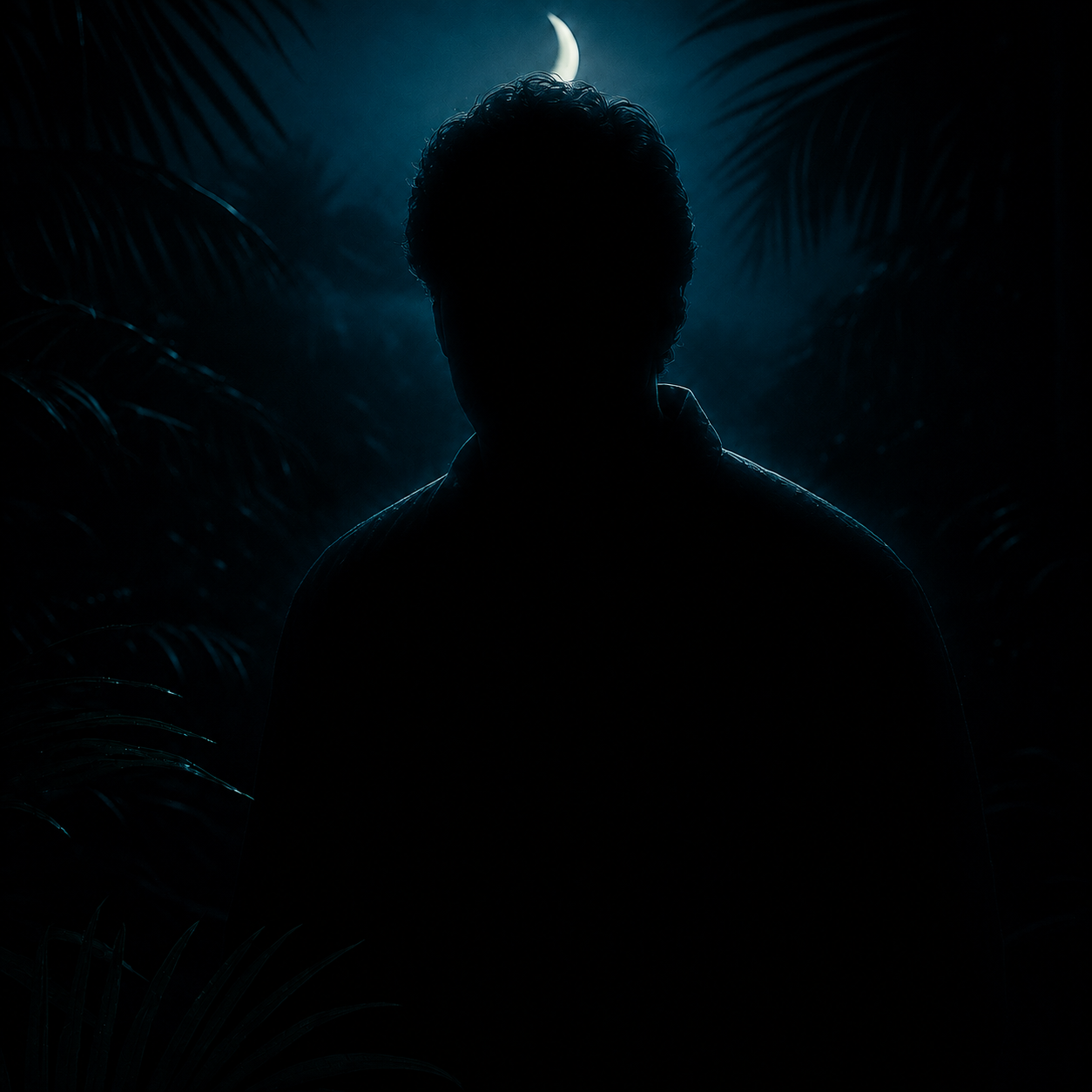 An anonymous black silhouette beneath a crescent moon